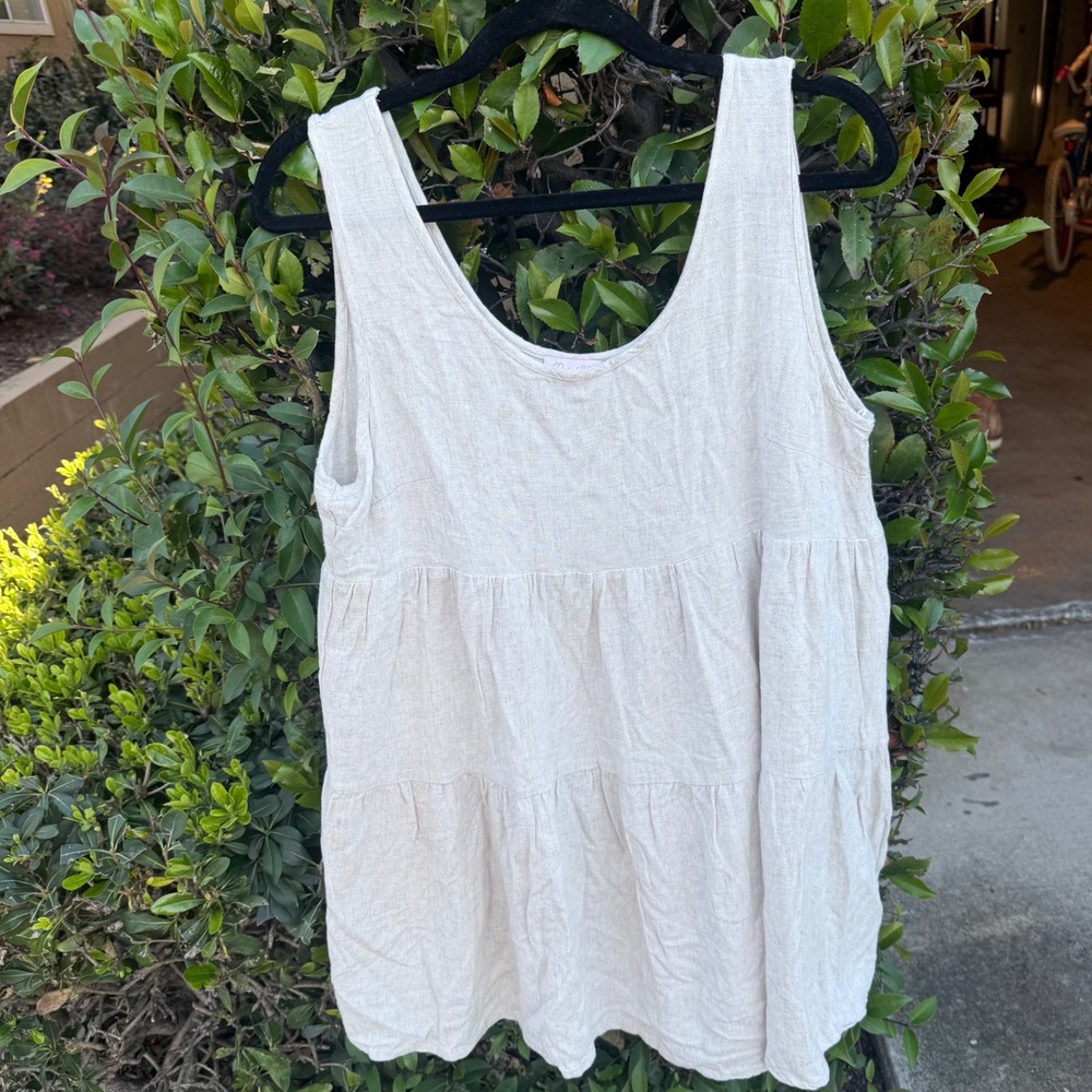 Womens XL Linen Tiered Babydoll Romper Oatmeal Beige Boho Western Beachy‎ Resort